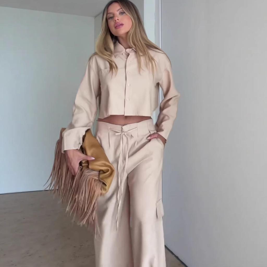 Cross-border European and American Long-sleeve Collared Sexy Backless Short Women's Top, Export Temperament, Lace-up Slim Pants Set