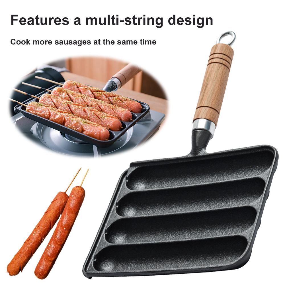 

Baking Mold Food Tool Cast Iron Pre-Seasoned Grilled Sausage Pot with Wooden Handle Sausage Fry Pan Hot Dog Baking Steaming Tool China Mainland