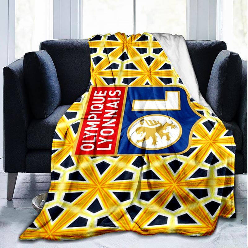 1PC Lyon Football Crest Design Printed Soft Flannel Blanket Throw for Adult Bedroom Living Room Sofa Camping Travel Fan gifts Christmas Gifts