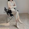 Vintage strikket genser Langermet kjoler Dame Slank Bodycon Koreansk Elegant Høst Vinter Knapp V-hals Genser Midi Kvinne Kjole