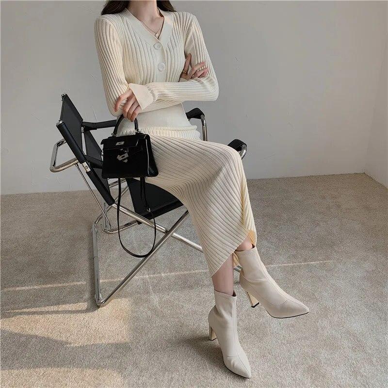 Vintage strikket genser Langermet kjoler Dame Slank Bodycon Koreansk Elegant Høst Vinter Knapp V-hals Genser Midi Kvinne Kjole