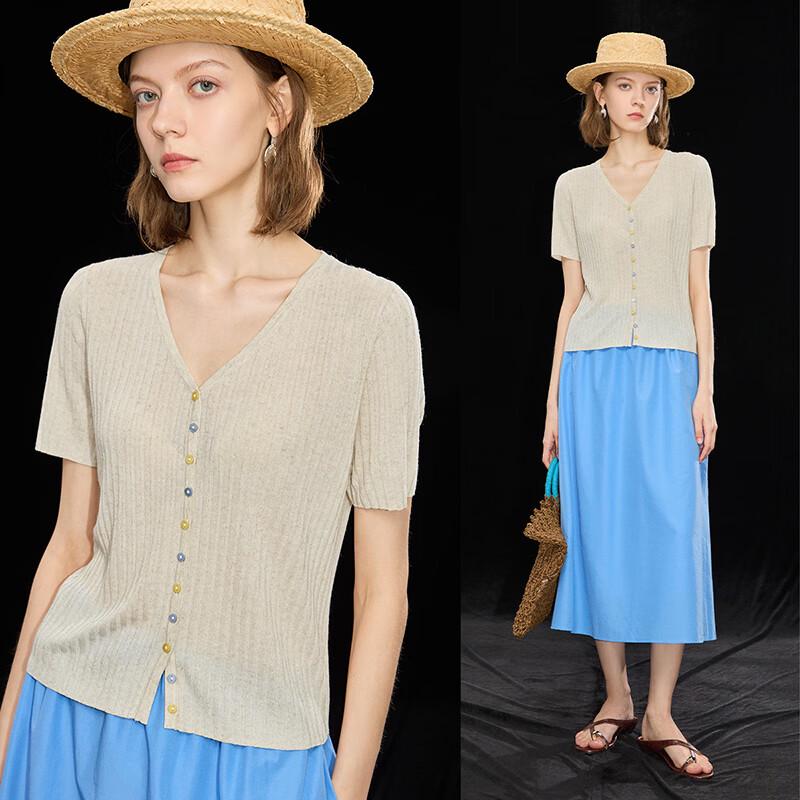 Mistway V-Ausschnitt Strick-T-Shirt aus Tencel-Leinen-Mischung