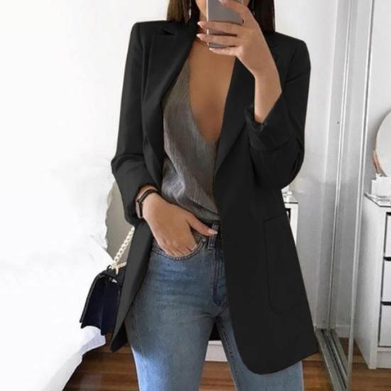 Costume de bureau mode pour femme Couleur unie Sans bouton Revers Coupe ajustée Blazer Manteau