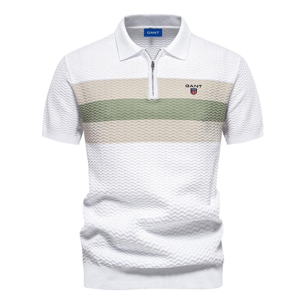 Gant Sommer Ny Brodert Herre High-end Stripet Business Kortermet Tynn og Allsidig Krage Halv Glidelås Kortermet Skjorte