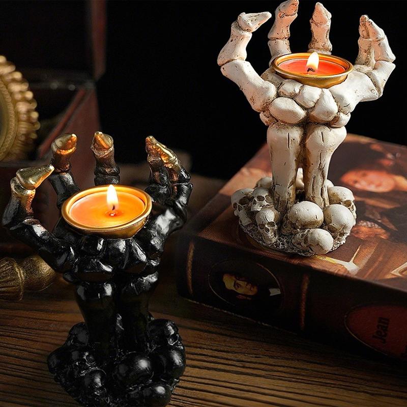 Halloweenský svícen s lebkou, svícen, ozdoby, pryskyřičná lebka, halloweenská stolní dekorace na verandu, dárky, dekorace na stůl