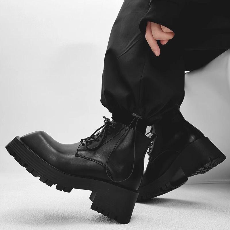 Square Men's Trendy European and American Niche Medium-top Retro Thick-soled Heightening Locomotive Boots High-top Leather Shoes