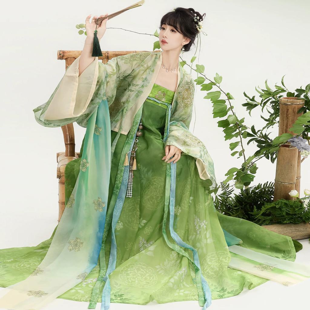 Grünes Hanfu-Set der Tang-Dynastie - Chiffon Qixiong Ruqun mit Pishan-Umhang, Traditionelles Chinesisches Kleid für Damen für Frühling und Sommer