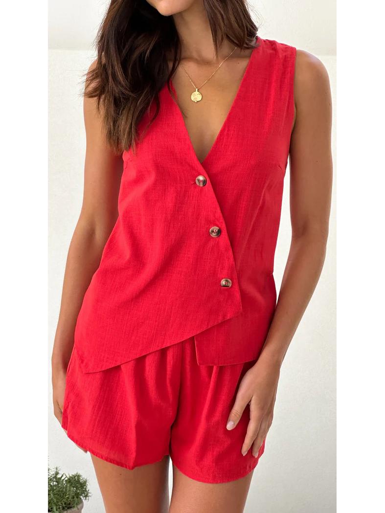 

Комплект на 25-летие: европейские и американские однотонные летние шорты и майка с V-образным вырезом Large красный