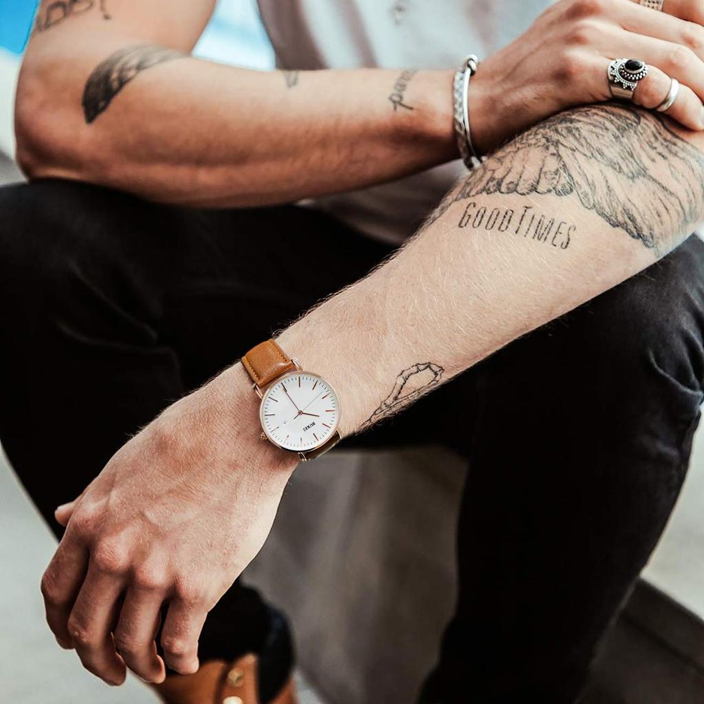 Kožené značky Jednoduché Vodotěsné Analogové Obchodní hodinky Hodinky Populární Datum Quartz Rose Gold Bílé Stylové tenké hodinky [BUREI] Pánské Pánské