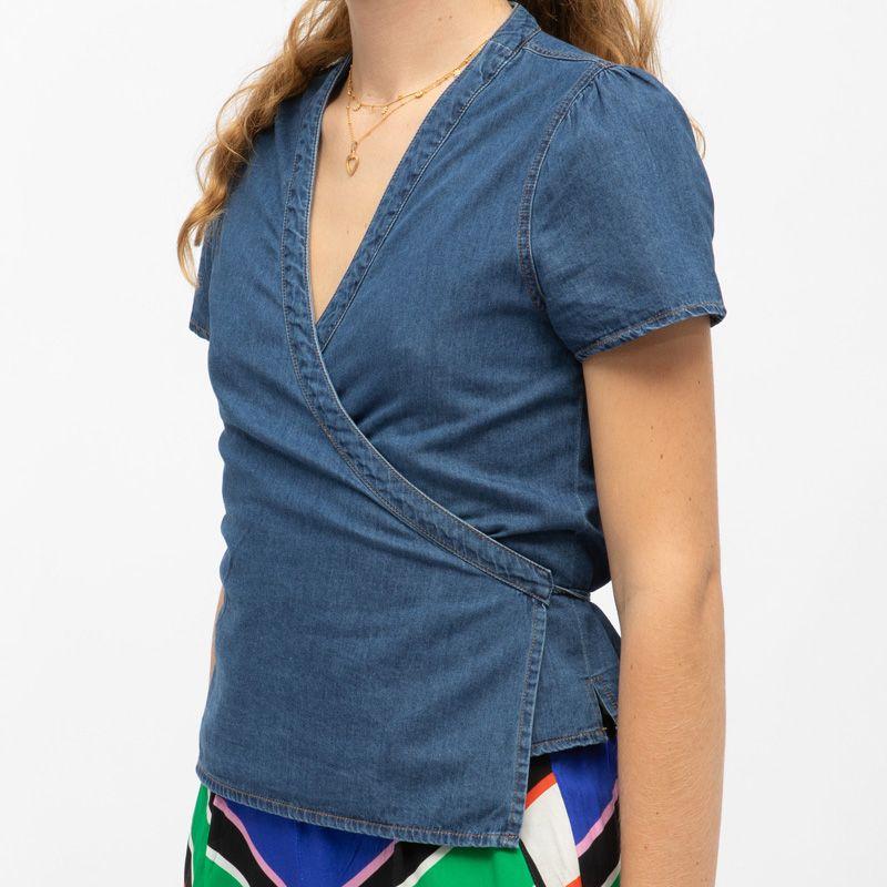 Blouse cache coeur denim wash brandy manches courtes Femme LA PETITE ETOILE