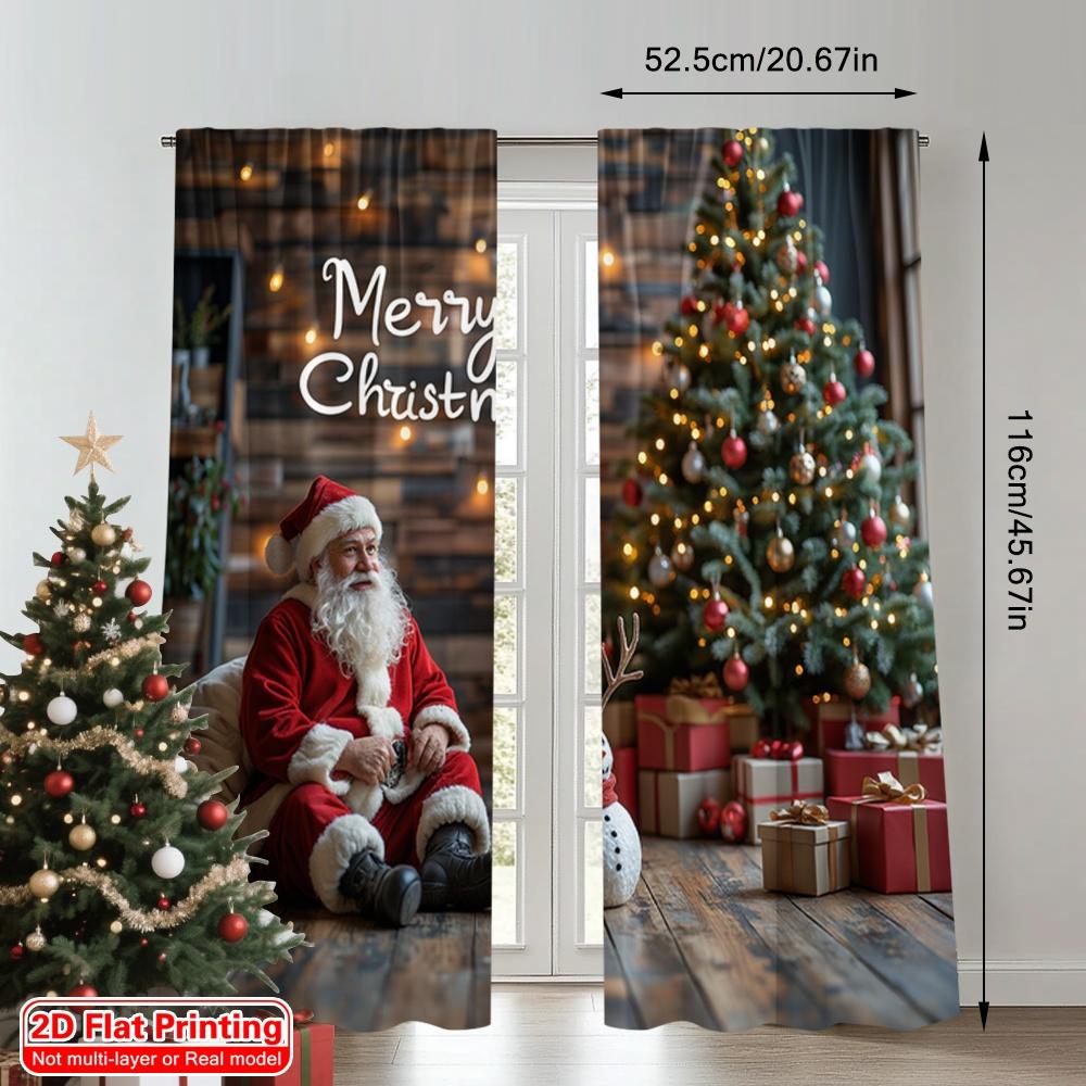 2pcs 2D flat printing Merry Christmas Popular Curtains Merry Christmas Santa Snowman_a 100% Polyester Without Electricity Family
