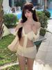 Solid Color Slimming Long-Sleeve Sun Protection 4-Piece Backless Swimwear Set for Hot Springs & Beaches