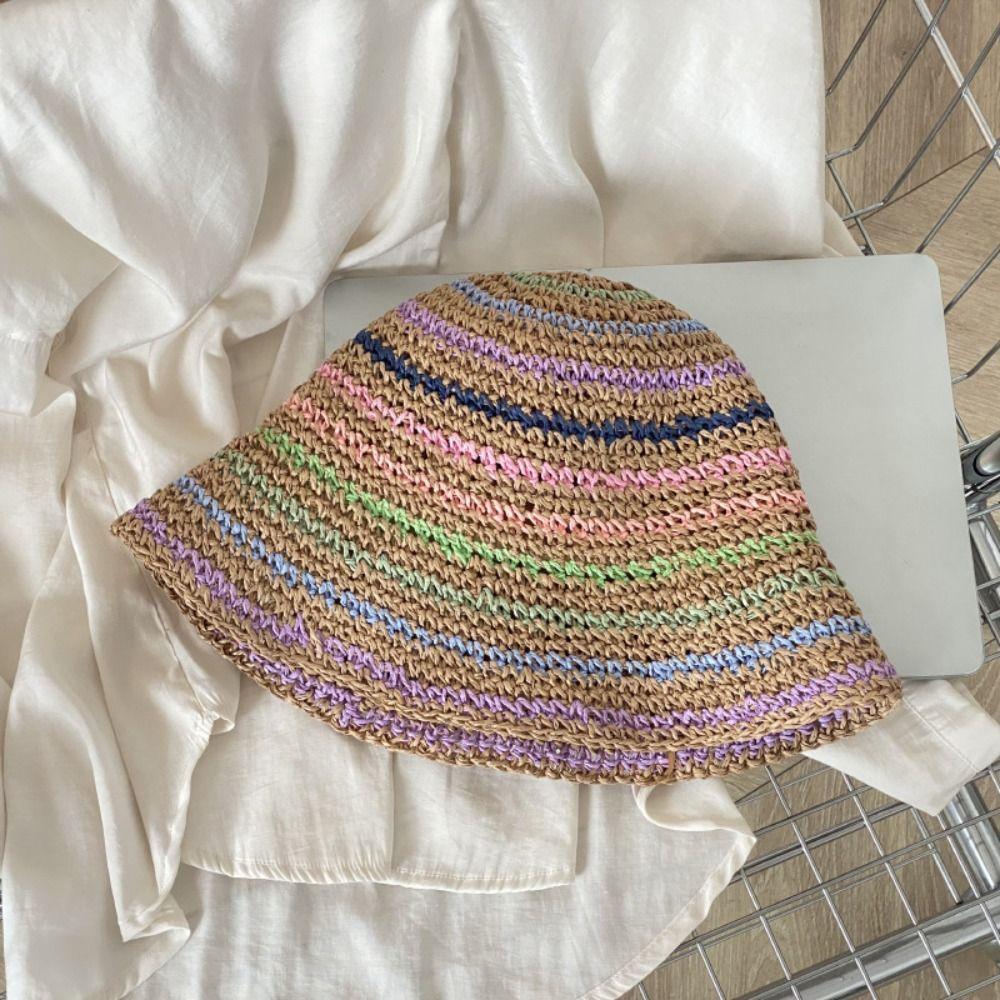 Chapéu de Sol Arco-Íris de Verão Chapéu Balde Feminino Ins Chapéu de Palha de Praia Ao Ar Livre