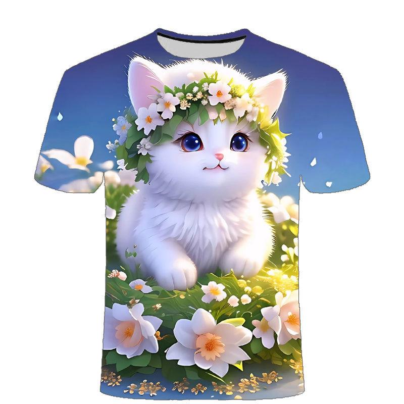 Summer Men's Cute Cat 3D Printed Short Sleeved T-shirt Street Style Urban Fashion Round Neck Top Niche Comfortable Casual Loose Pullover