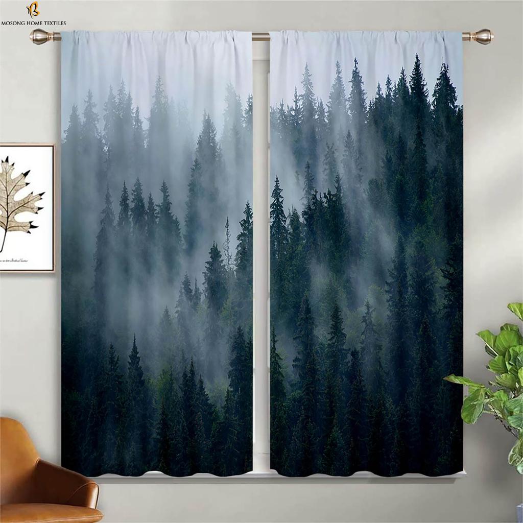Misty Deep Forest Green Woods 3d Printed Curtains Suitable For Bedroom Living Room Kitchen Turning Decorative Curtains 2 Pieces