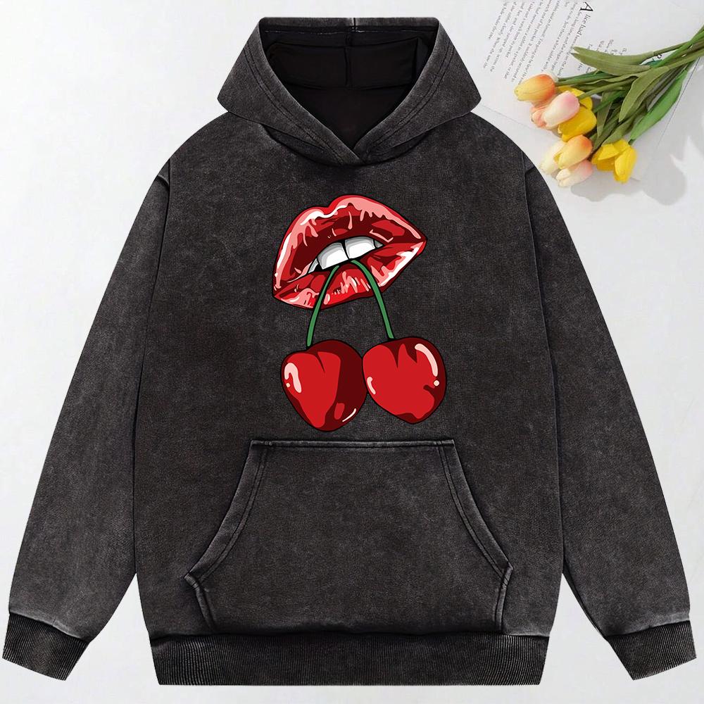 Cherries In The Mouth Printing Women Hoody Pocket Fashion Pullover Casual Oversized Hoodie Comfortable Cotton Sweatshirt