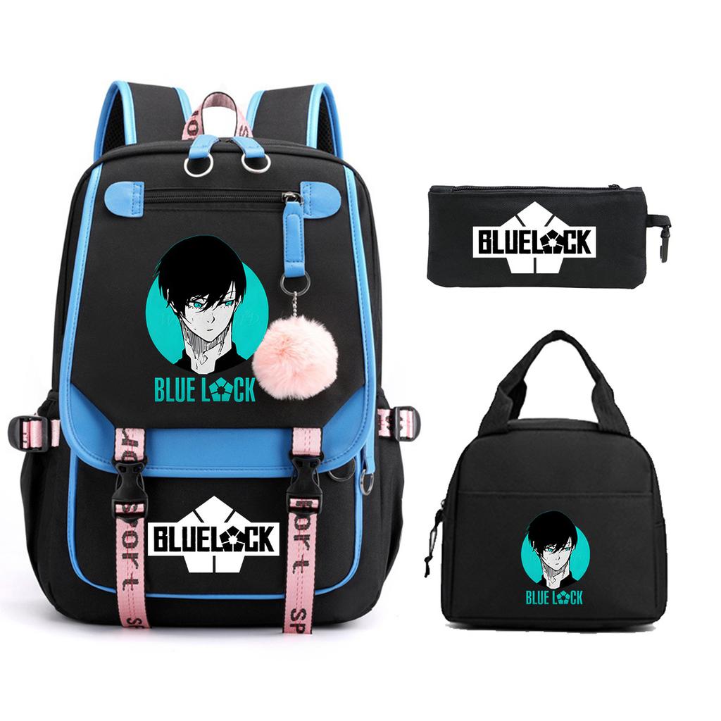 Blue Prison Student School Bag Children'S Meal Bag Casual Pencil Bag Three-Piece Set