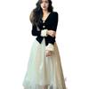 French High-end Foreign-style Dress for Women's Spring and Autumn Korean Version, Waist and Thin Fake Two-piece Celebrity Daughter Style Long Skirt