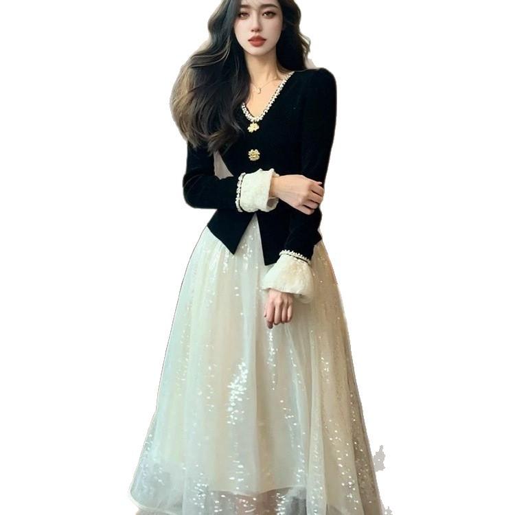 French High-end Foreign-style Dress for Women's Spring and Autumn Korean Version, Waist and Thin Fake Two-piece Celebrity Daughter Style Long Skirt