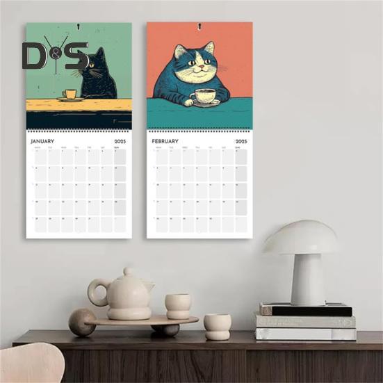 1/2Pcs 2025 Wall Calendar Cats Chillin' with Coffee Wall Calendar 12 Monthly Coffee Cats Calendar Family Office Organizer for Cat Lover Gift