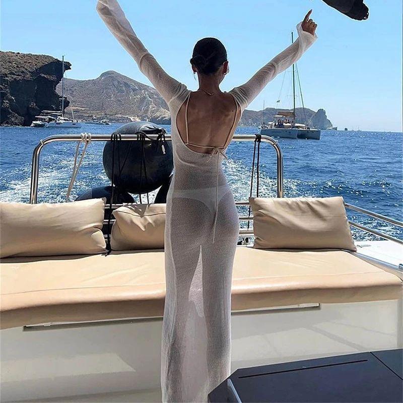 Robe de plage Cover Ups2 pour femmes, col rond, tunique de plage, protection solaire, manches longues, dos nu