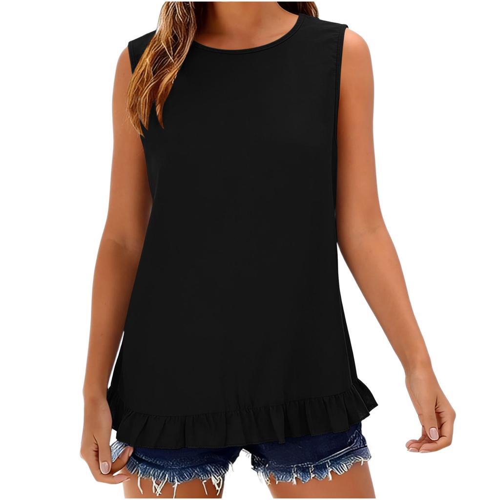 Women's Sleeveless Button Down Shirt Casual Summer Blouse Loose Fit Round Neck Ruffle Hem Lightweight Top