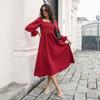 Robe Midi Printemps Été pour Femmes, Manches Évasées, Ligne A, Col Carré, Taille Haute, Couleur Unie, S-XL