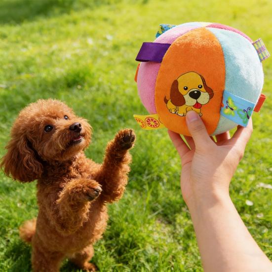 Dog Plush Ball Toy Puppy Bell Ball with Colorful Ribbon Tabs Interactive Soft Stuffed Ball for Dogs Training Tug-of-War Fetch