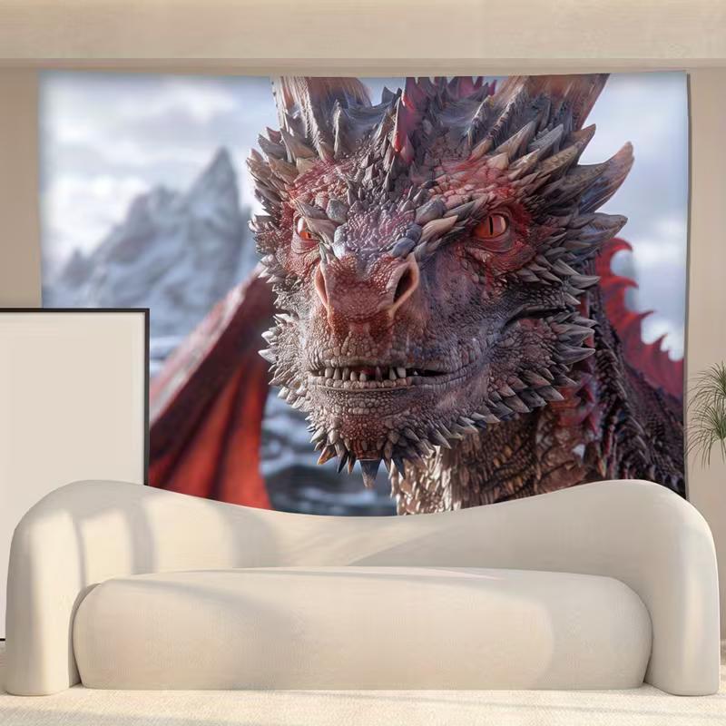 2D Red Fire Dragon Fantasy Wall Tapestry Ice Snow Mountain Scene Wall Hanging for Bedroom Living Room Home Decor