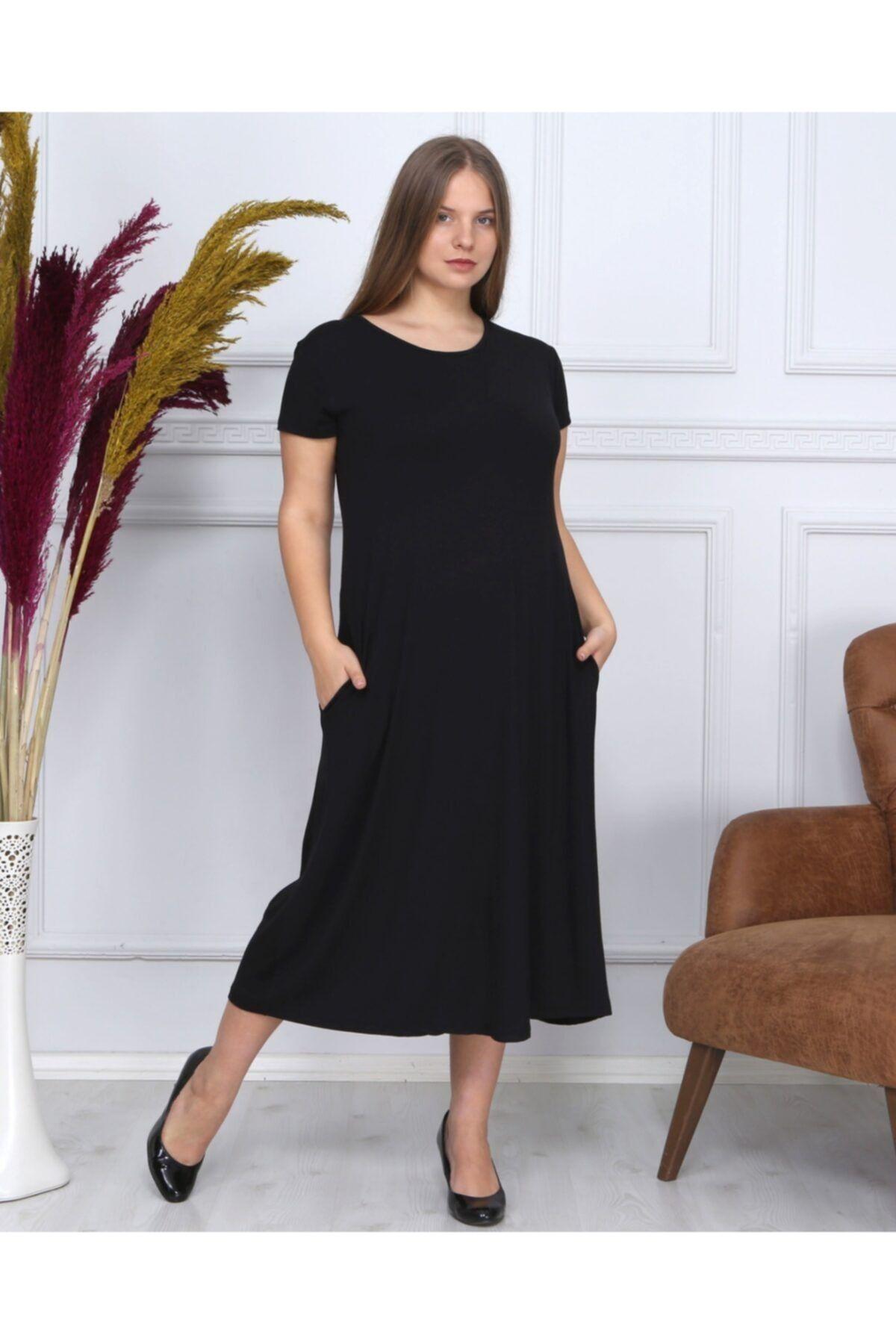 

Women s Big Size Dress Black Plus Size Viscose Dress with Hidden Pocket Detail