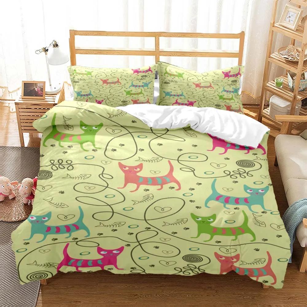 Cute Cat Print Quilt Cover Pillow Cover Bedding Set Luxury Queen Bedding Set Cute Style Customized Boys Bedding Set