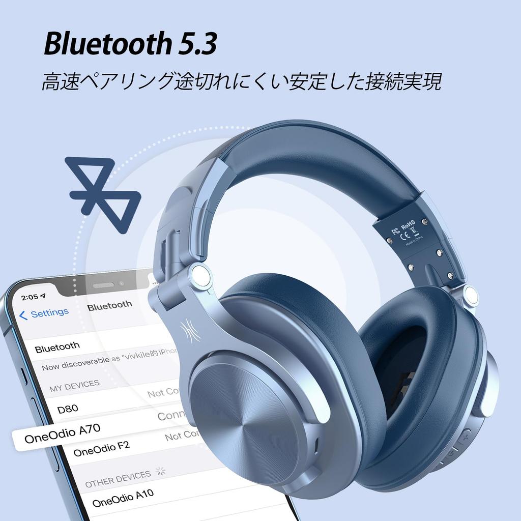 OneOdio A70 Wireless Headphones Bluetooth 5.2 Over-Ear 72 Hours Playback Bass-Enhanced Microphone Wired and Wireless Dual-Use Closed-Back Blue