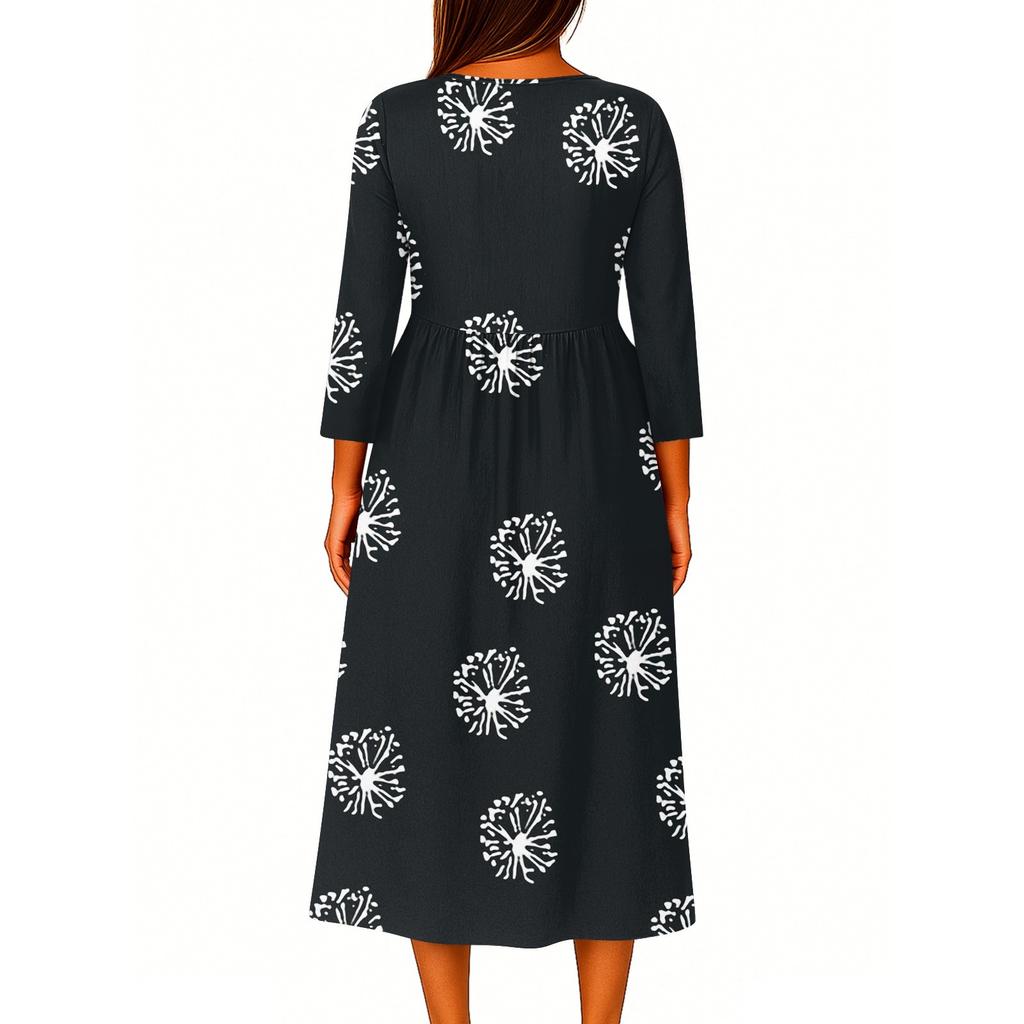 Dame Mote Trykket Rund Hals Syv Kvart Erm Knapp Løs Skjortekjole