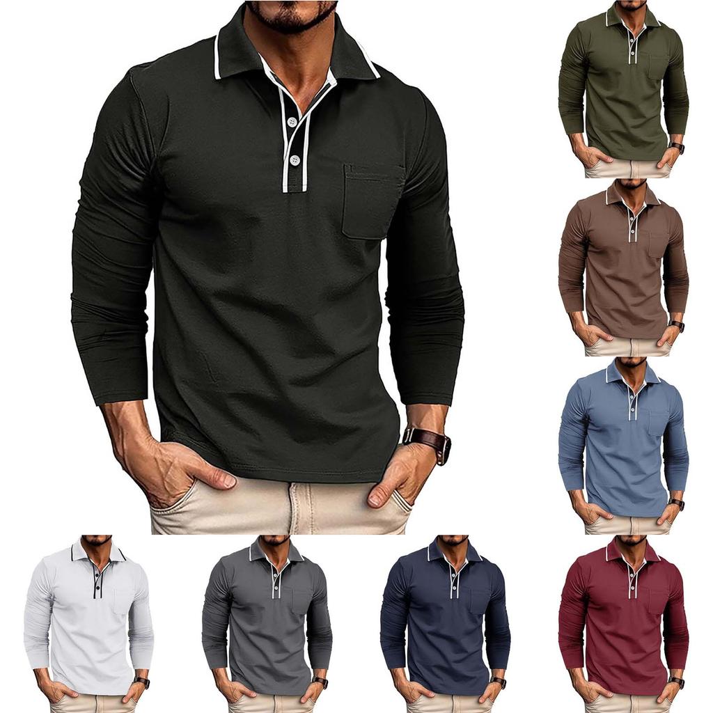 Men's Spring And Solid Color T-shirt Lapel 3 Button Open Placket Button Long Sleeved Top