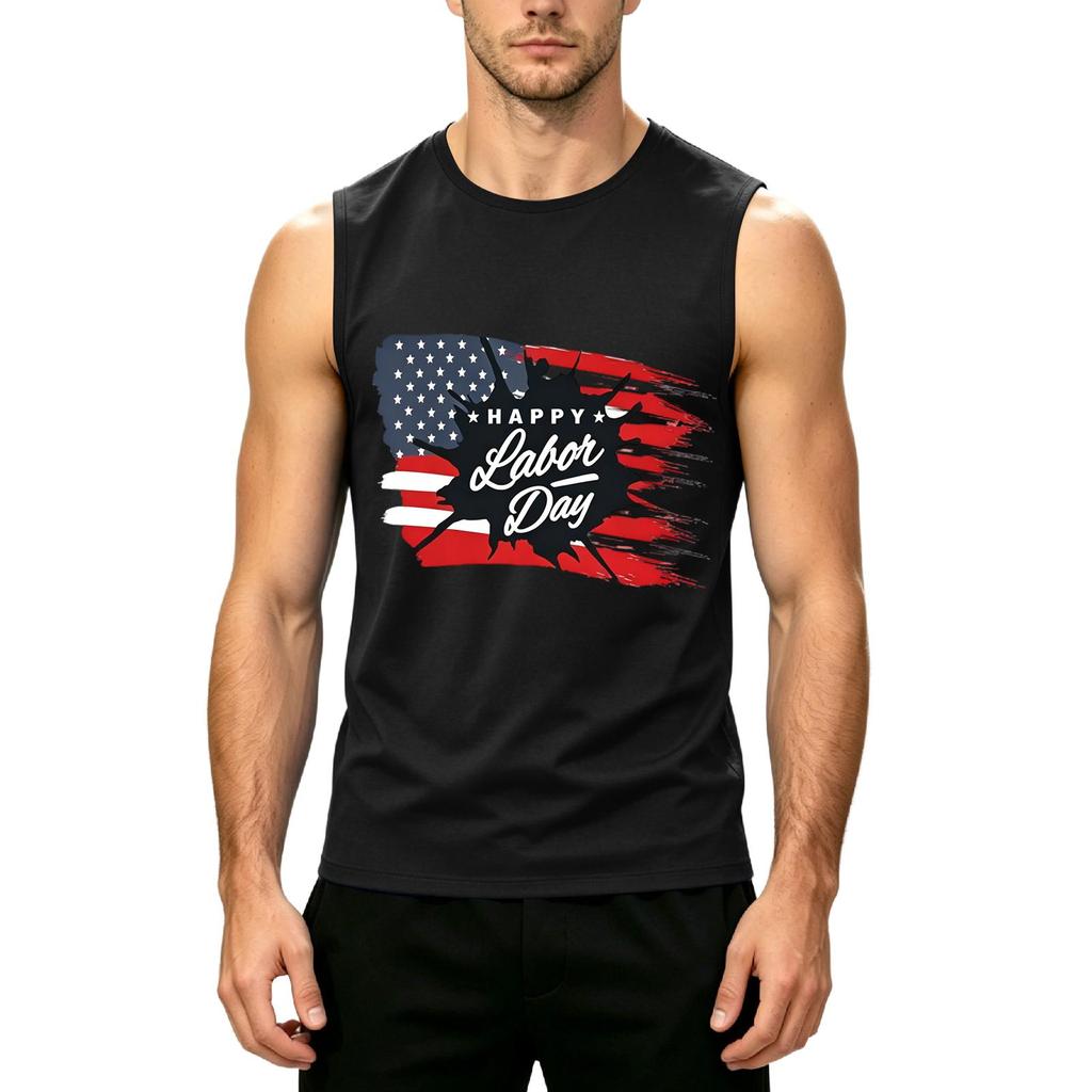 Men's Sleeveless Casual Tank Top Labor Day Printed Muscle Shirt Crew Neck Summer Workout Tee
