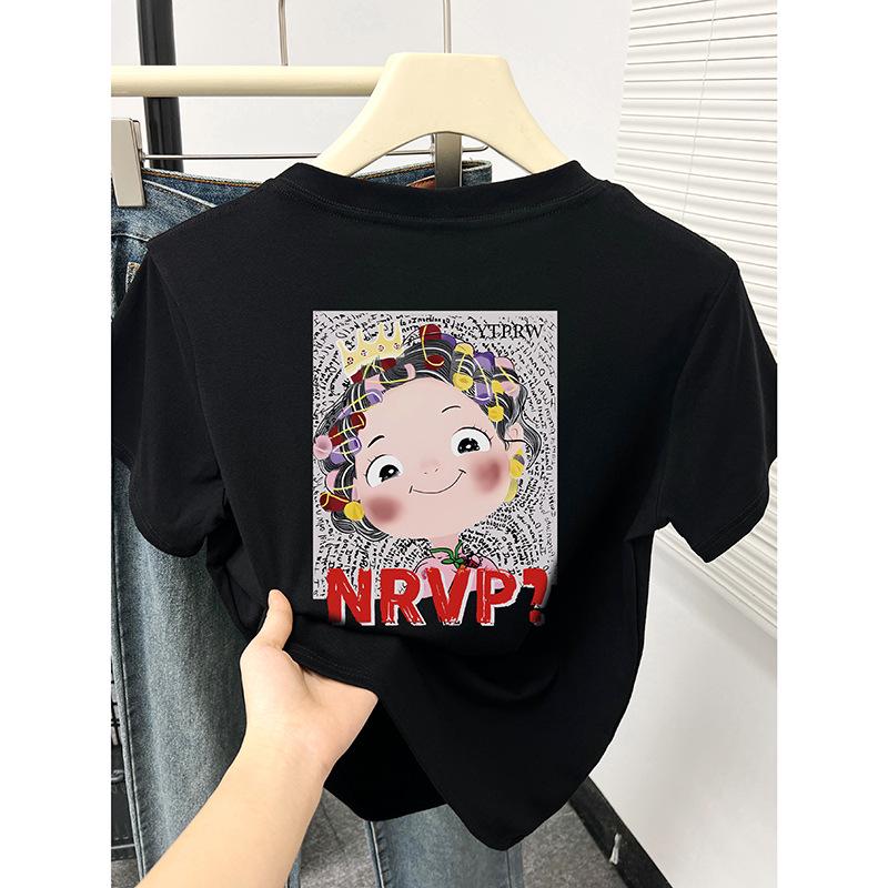 

Petite Cartoon Print Crew Neck Slimming Straight Shoulder Short Sleeve Women s Summer Korean Style T-Shirt Trend. 3XL
