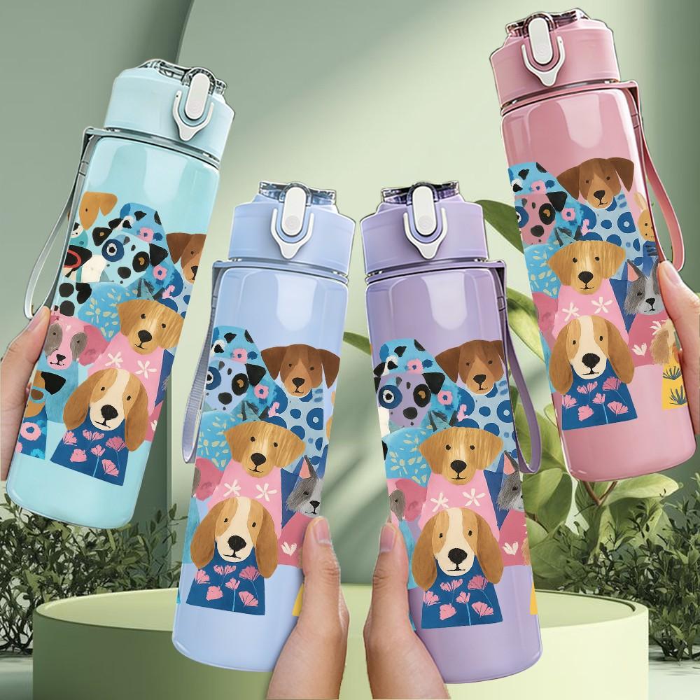 1 Stück gemischte Haustier-Tier-Collage-Gitter 750ml Farbe Kunststoff Sport-Wasserflasche Auslaufsicher Klappdeckel mit Strohhalm Für Sport Büro Zuhause