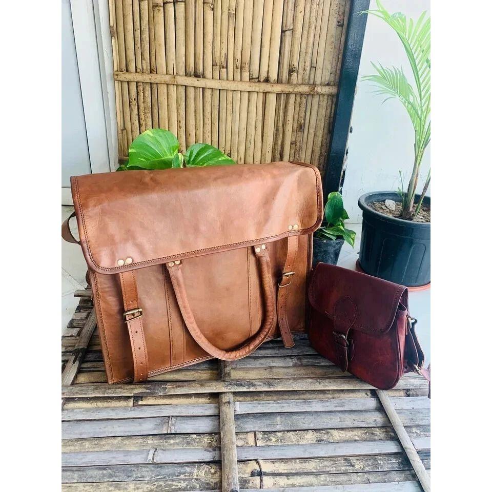 (Free Cross Body Small Brown Bag Size - 9 X 7 X 3 In ) Handmade Men's Leather Vintage Laptop Messenger Briefcase Bag Satchel