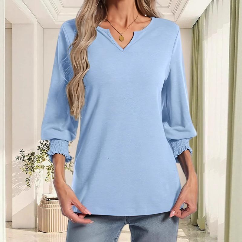 Women Black V Neck 3/4 Puff Sleeve Top Casual Loose Fit Solid Color Blouse Elegant Commute Tunic Shirt
