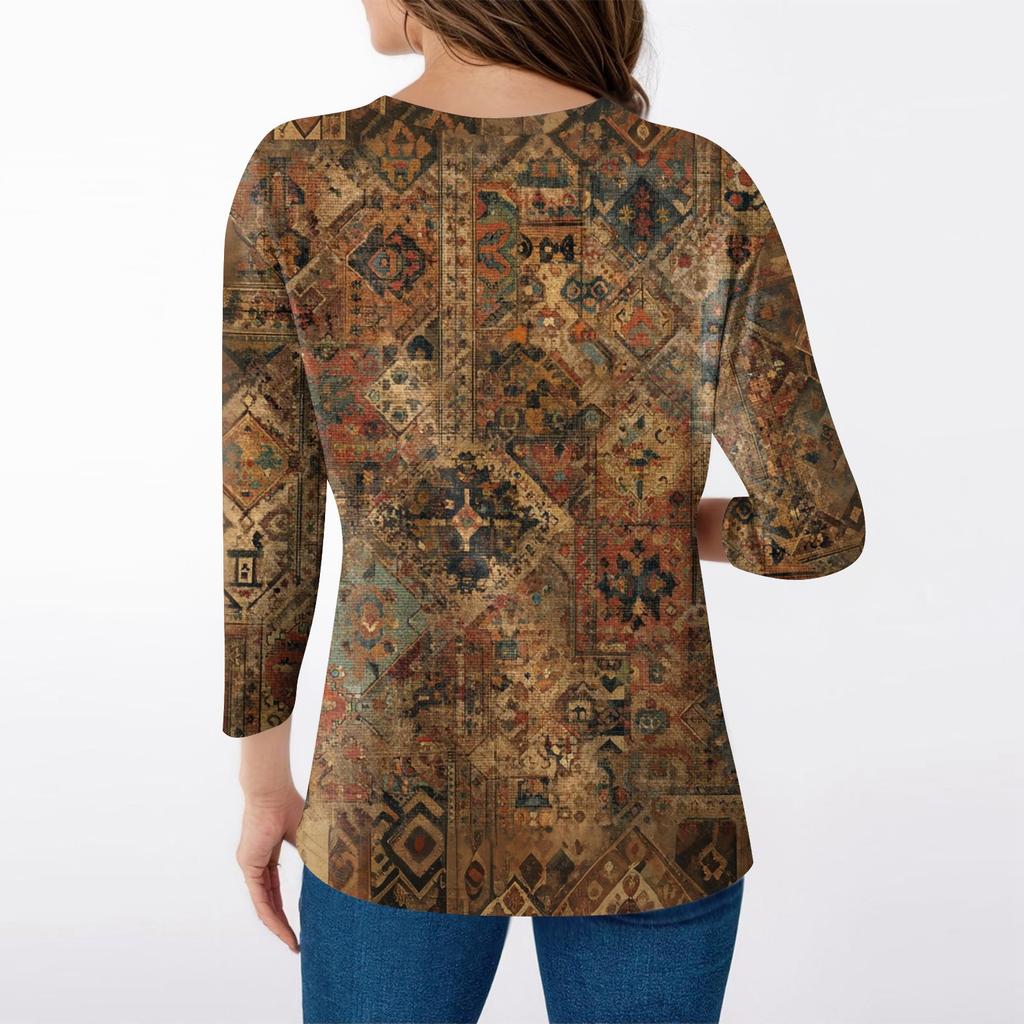 Tricou de damă cu imprimeu, mânecă 3/4, pentru zi de zi, weekend, modă, de bază, cu gât în V, top normal