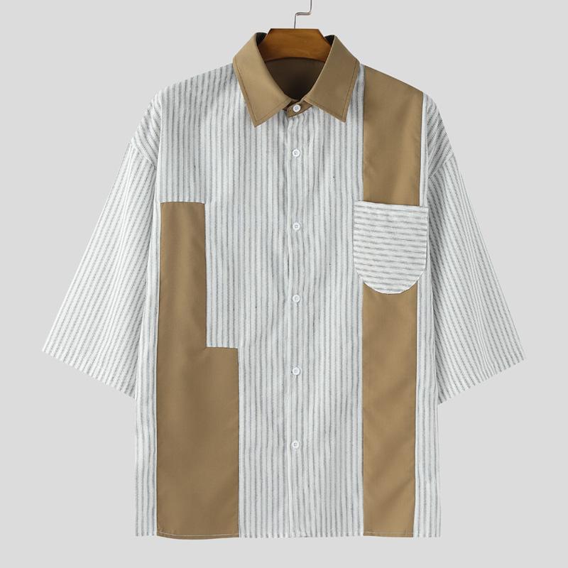 INCERUN Męskie koszule casualowe oversize z klapami, z krótkim rękawem, w paski, patchworkowe