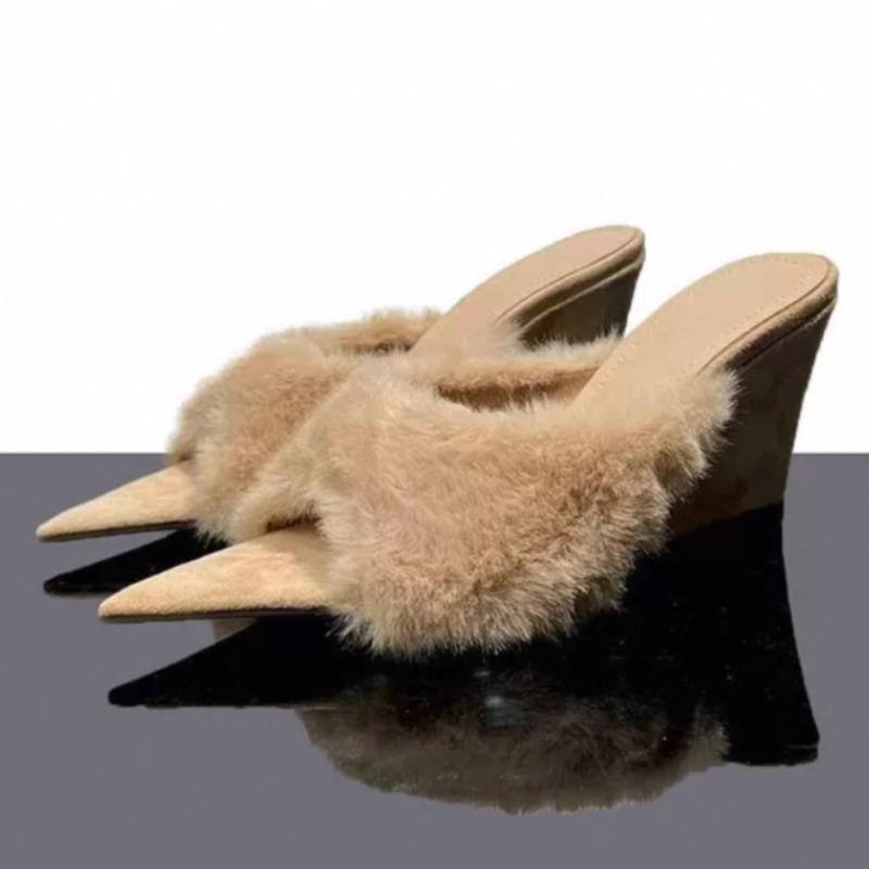 Fashion Elegant Fluffy Pointed Toe Design Brand High Heel Slippers Women Sexy Open Toe Wedges Slide Sandals Fashion Party Dress Shoes