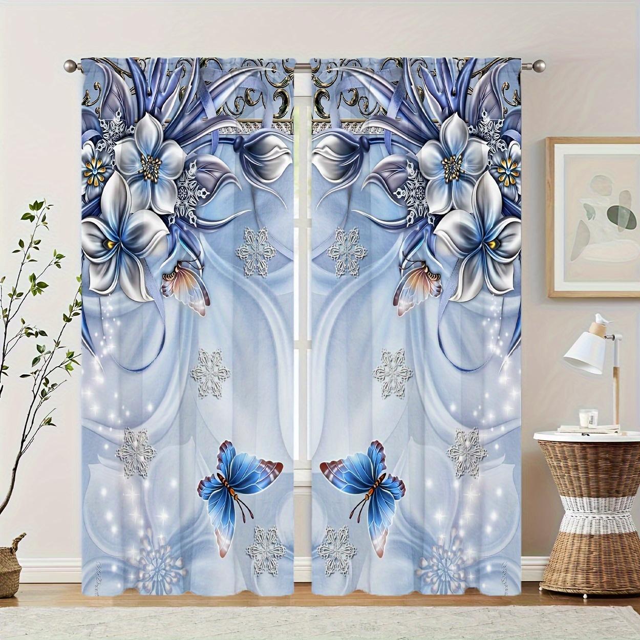 

2pcs Blue Floral Butterfly Print Polyester Curtains with Rod Pocket – for Living Room Bedroom Kitchen & Party Decor 100*130 HOOK 1pcs