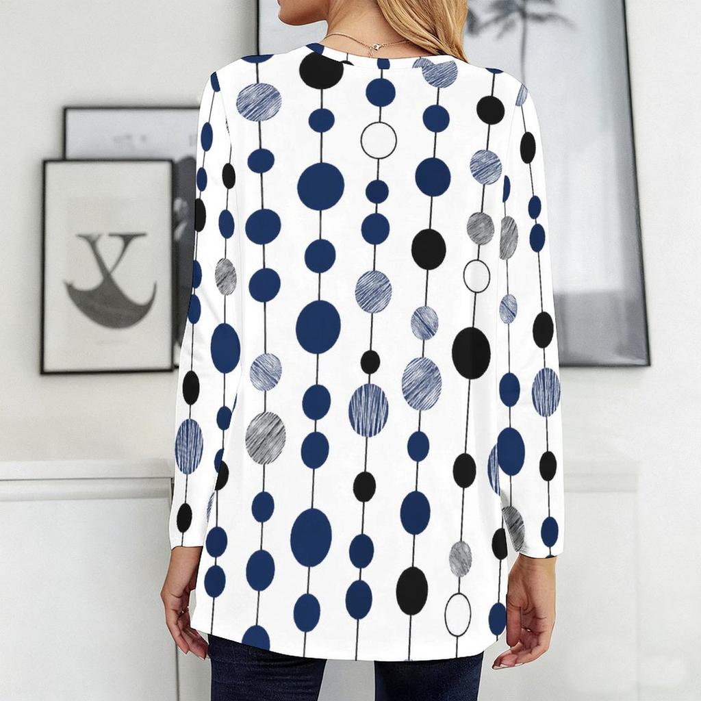 Women Plus Size White Polka Dot Printed Round Neck Long Sleeve Loose Longline T Shirt With Pockets