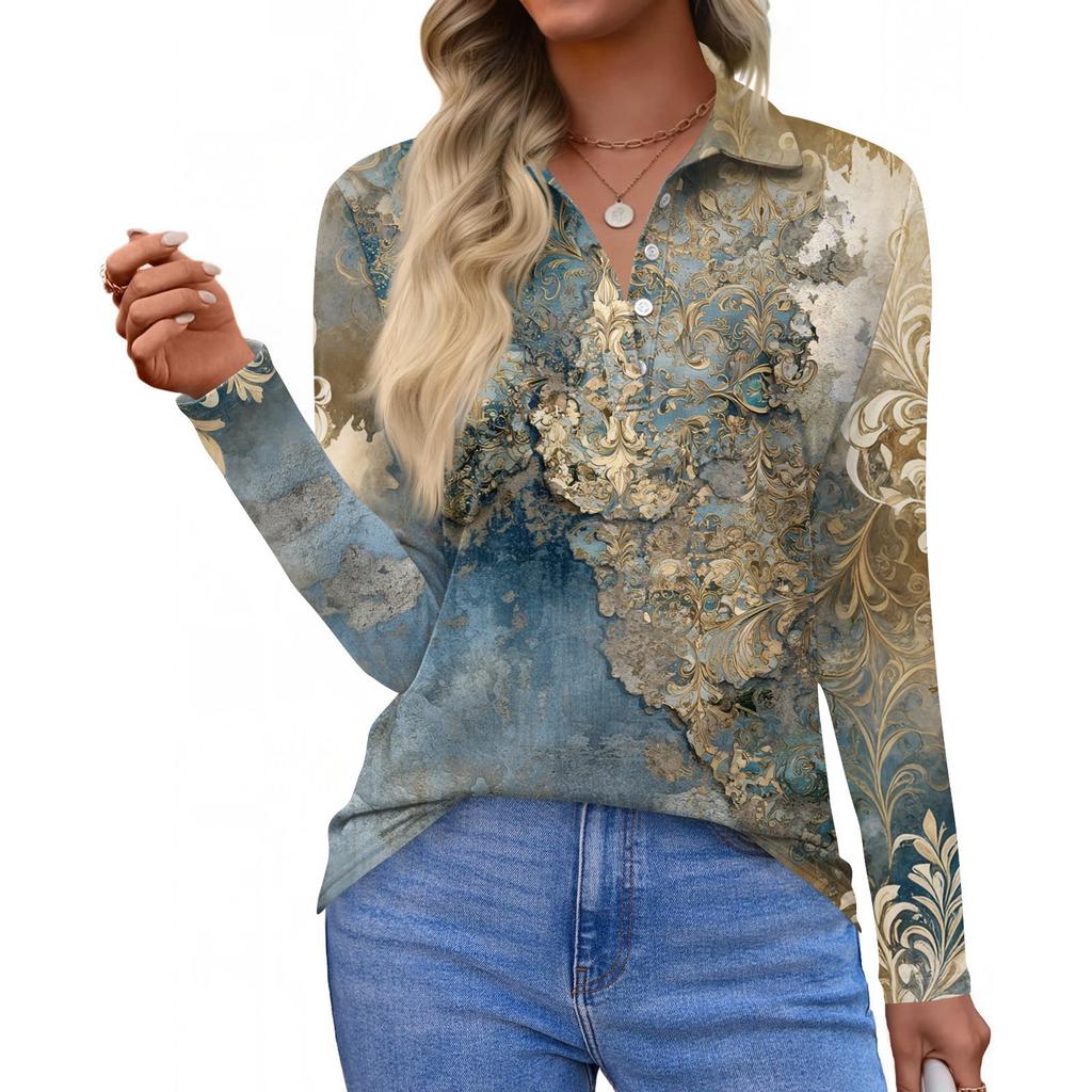 Damenmode Casual Revers Kurze Langarm Print Shirt Damen Button Up Tops