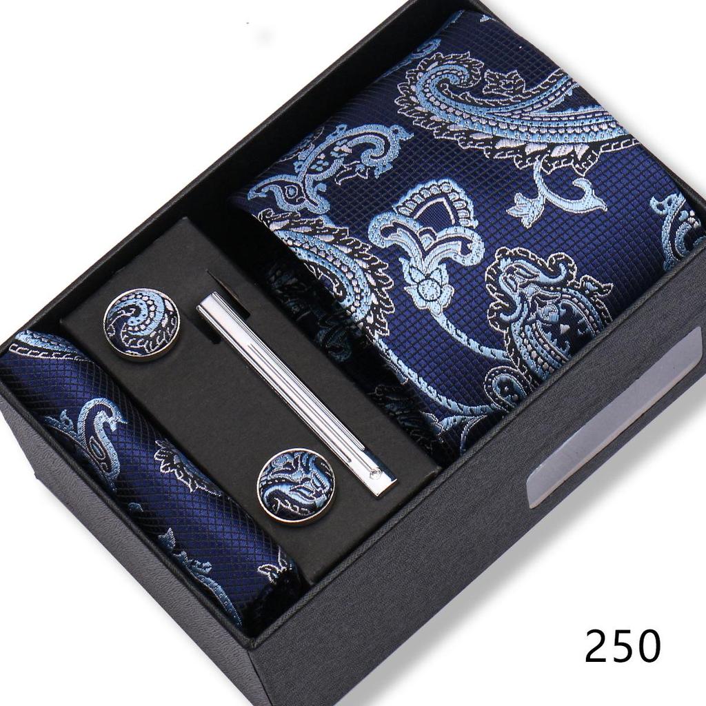 Men's Black & Wine Red Striped Plaid Tie Set with Pocket Square - Formal Wedding Gift Box