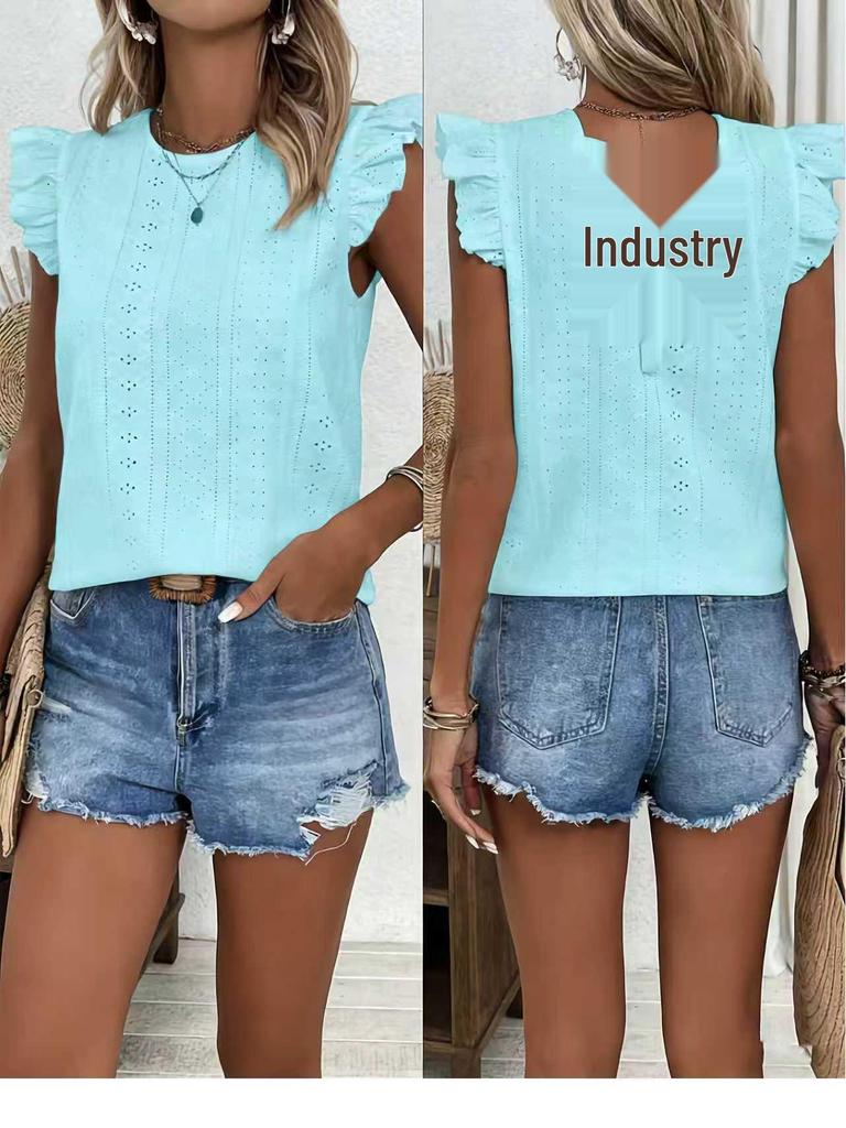 2026 Spring/Summer Round Neck Ruffle Sleeve Back Tie Solid Color Women's Top