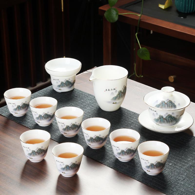Company event business gifts, printed mutton fat jade porcelain Kung Fu tea set set, home gift gift