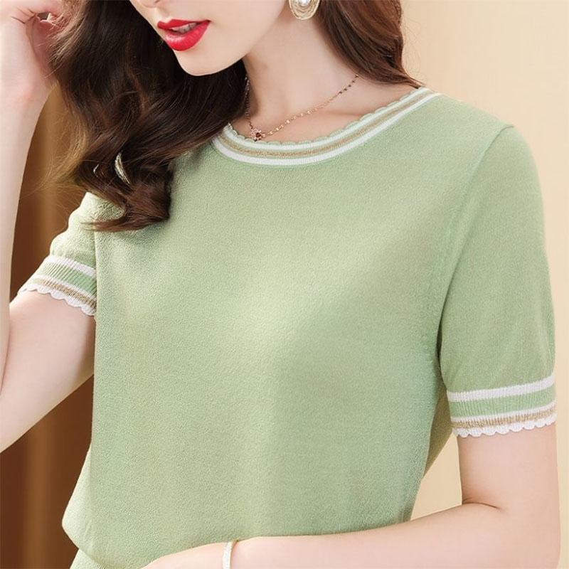 Tricou din mătase de gheață, cu mâneci scurte, pentru femei, cu gât rotund, pulover din mătase strălucitoare, în stil occidental, cămașă subțire asortată de culori