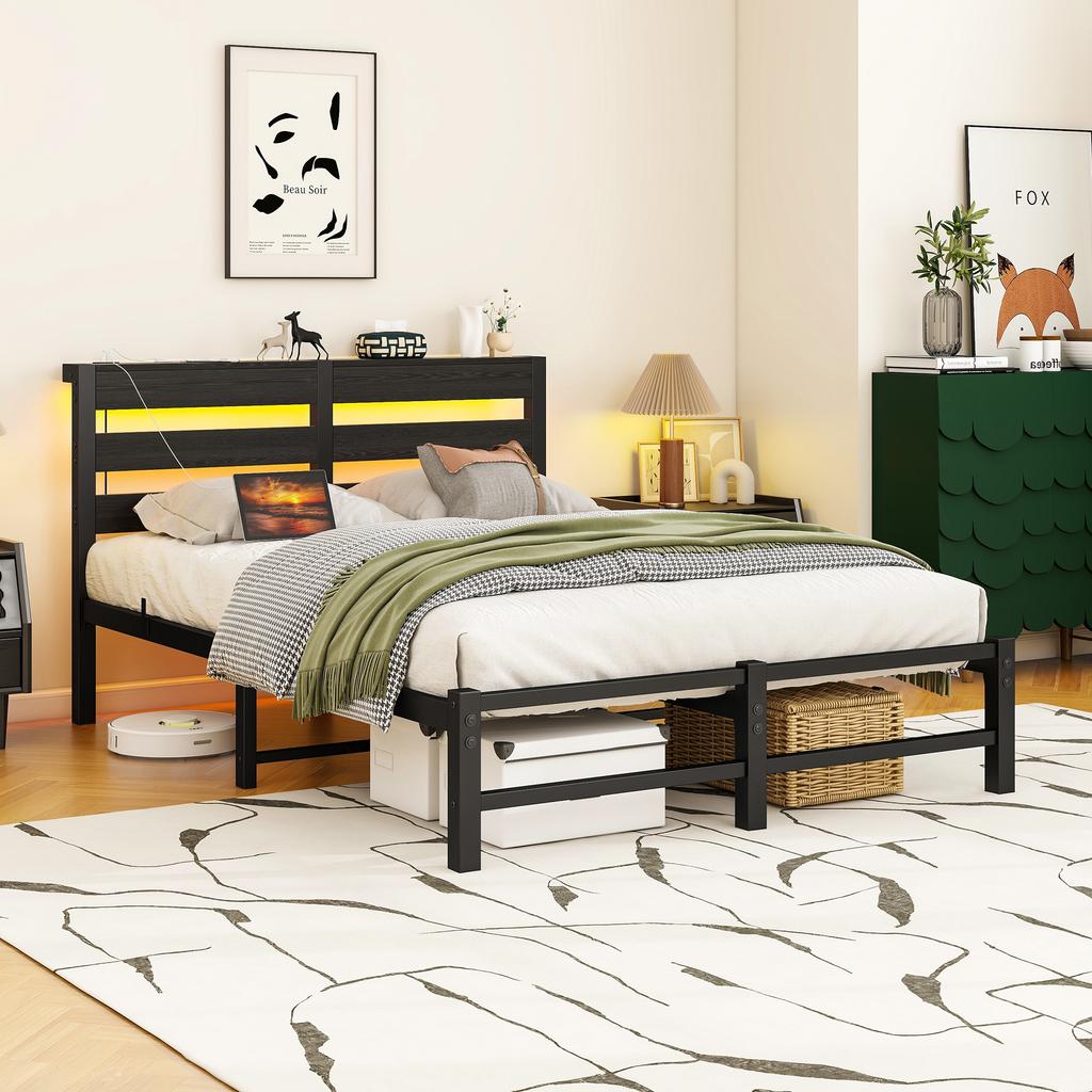 120x200 Bed Frame with LED Lighting and USB Charging Station, Metal Bed Frame Without Mattress, with Storage Space Under the Bed